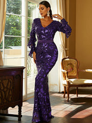 Purple Log Sleeve Trumpet Mermaid Sequin Prom Dress