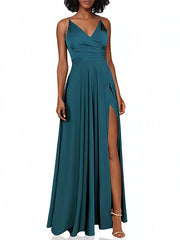 Satin Pink Pleats V Neck A Line Prom Dress
