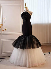 Beading Mermaid Black And White Halter Tulle Prom Dress