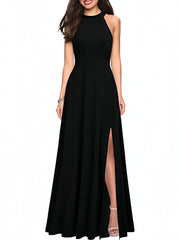 Halter Black Satin A Line Bridesmaid Dress With Slit