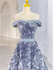 Off The Shoulder Silver Sequin A Line Prom Dress