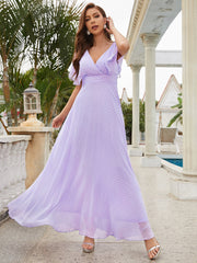 V Neck Short Purple Maxi Long Bridesmaid Dress