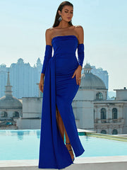 Blue Strapless Sheath Column Spandex Prom Dress