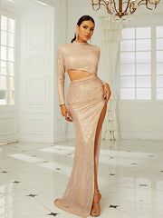 Gold Sequin Cut Out Trumpet Mermaid Prom Dress