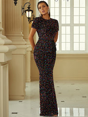 Mermaid Sequin Backless Short Sleeve Prom Dress