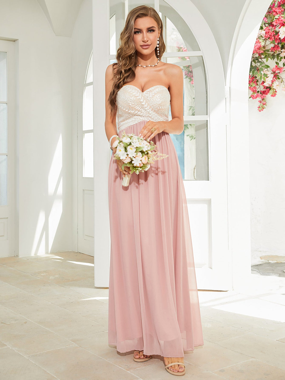 Embroidery Mesh Tube Chiffon Bridesmaid Dress