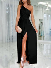 One Shoulder Pleats Black Bridesmaid Dress
