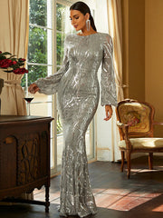 Silver Long Sleeve Sequin Trumpet Mermaid Prom Dress