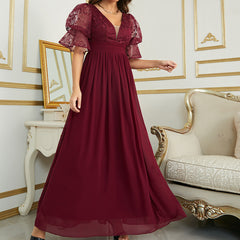 Burgundy  Puff Sleeve Chiffon Bridesmaid Dress
