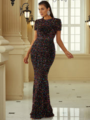 Mermaid Sequin Backless Short Sleeve Prom Dress