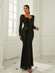 Black Sweetheart Long Sleeve Sequin Prom Dress