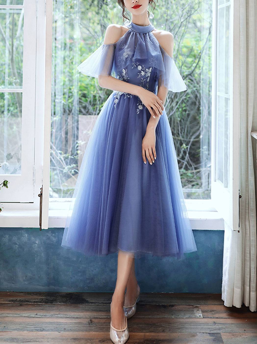 Blue tulle lace short prom dress blue tulle cocktail dress - RongMoon