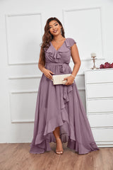 Blue Butterfly Sleeve Wrap Hem Chiffon Bridesmaid Dress
