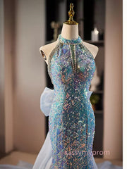 Blue Halter Beading Sequin Mermaid Prom Dress With Detachable Bow