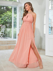 Pink Halter Loose Chiffon Bridesmaid Dress