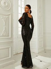 Black Sweetheart Long Sleeve Sequin Prom Dress