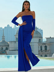 Blue Strapless Sheath Column Spandex Prom Dress