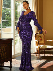 Purple Log Sleeve Trumpet Mermaid Sequin Prom Dress