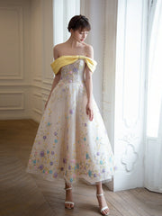 Off The Shoulder Tea Length Floral Yellow Prom Dress