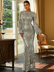 Silver Long Sleeve Sequin Trumpet Mermaid Prom Dress