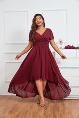 Lace Burgundy Chiffon Asymmetrical Bridesmaid Dress