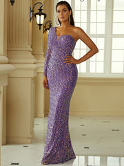 Off The Shoulder Long Sleeve Sequin Prom Dress