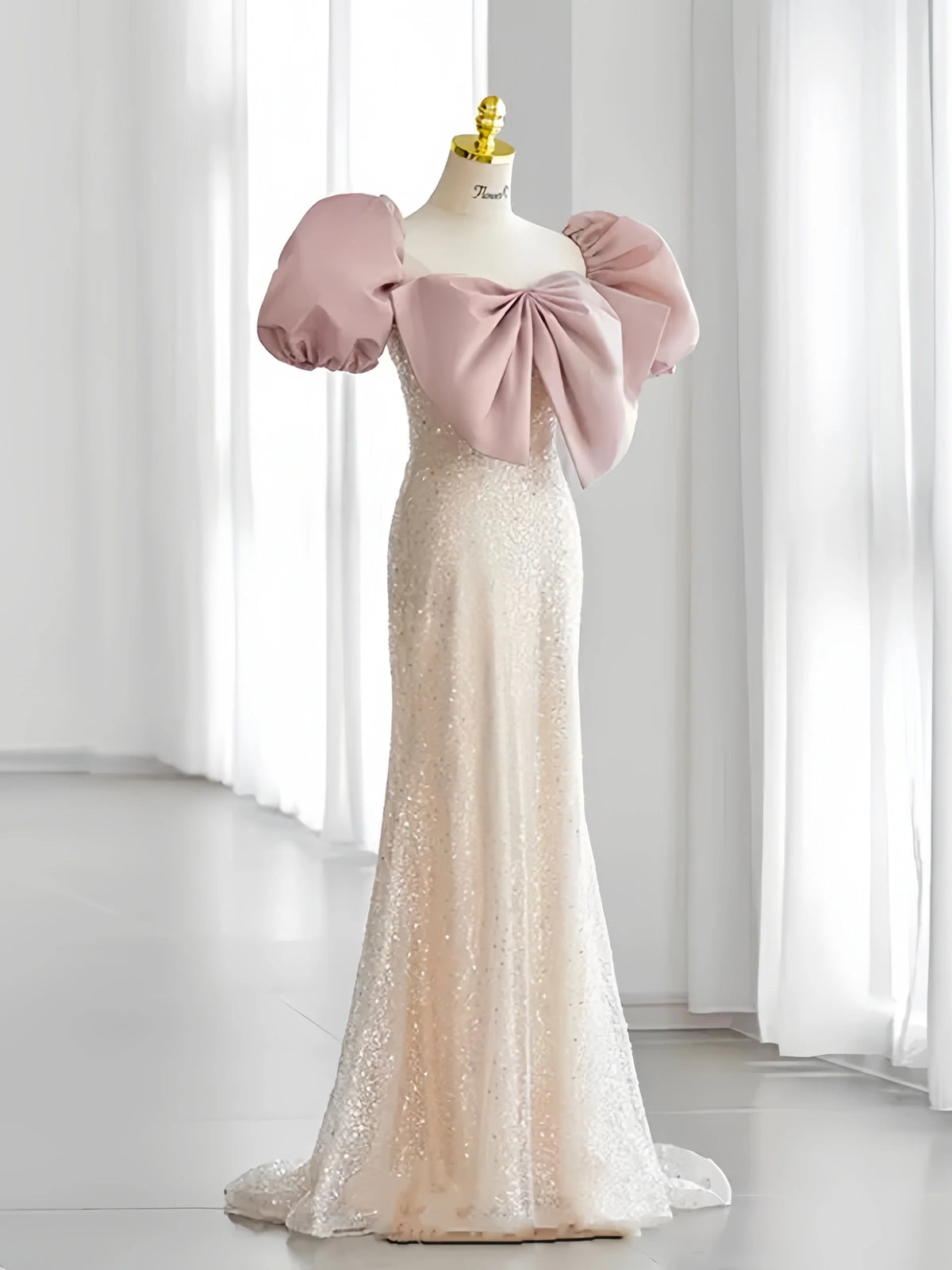 Pink Puffy Sleeves Trumpet Mermaid Sequin Prom Dress
