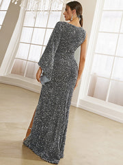 One Shoulder Sequin Gray Trumpet Mermaid Prom Dress