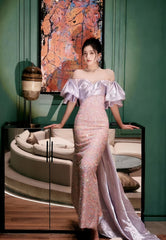 Sweetheart Trumpet Mermaid Puffy Sleeve Sequin Prom Dress