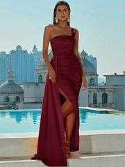 Burgundy One Shoulder Prom Formal Dress With Slit