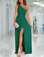 One Shoulder Pleats Black Bridesmaid Dress