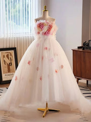 Unique High Low Flower Pink Tulle Sweetheart Prom Dress