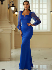 Royal Blue Long Sleeve Square Trumpet Mermaid Prom Dress
