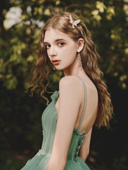 Green tulle lace long prom dress, green tulle formal dress - RongMoon