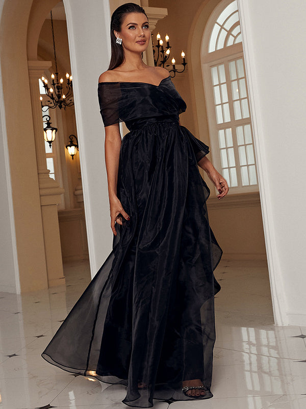 Off The Shoulder Organza Black Prom Dress