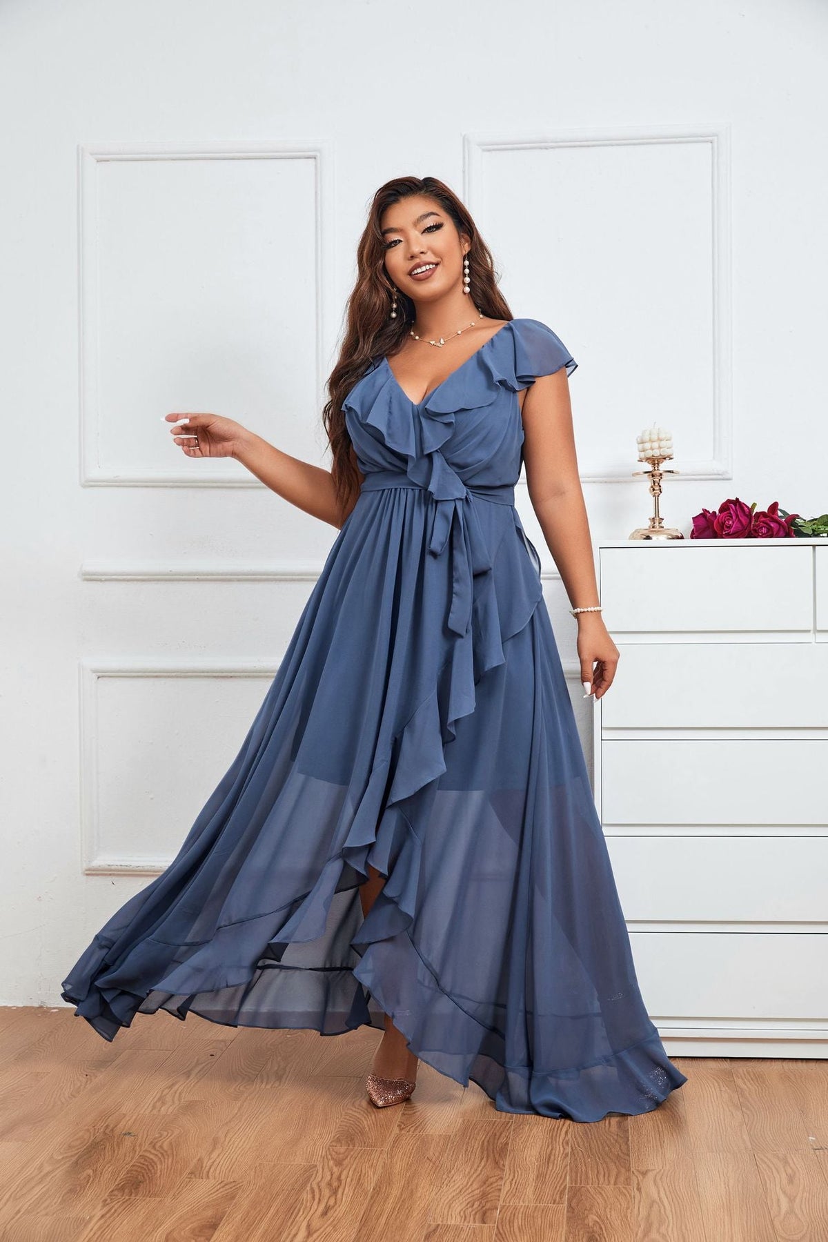 Blue Butterfly Sleeve Wrap Hem Chiffon Bridesmaid Dress