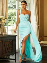 Mint One Shoulder Satin High Low Ruched Prom Dress