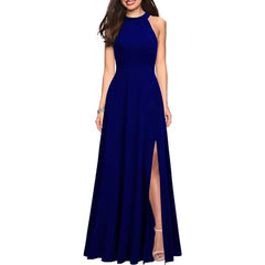Halter Black Satin A Line Bridesmaid Dress With Slit
