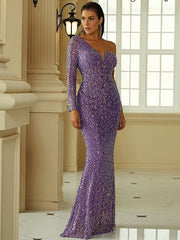 Off The Shoulder Long Sleeve Sequin Prom Dress