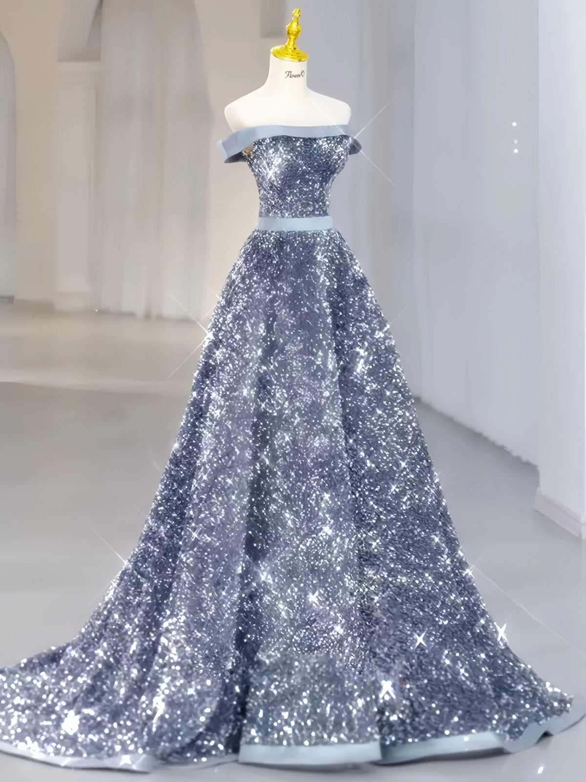 Off The Shoulder Silver Sequin A Line Prom Dress