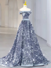 Off The Shoulder Silver Sequin A Line Prom Dress
