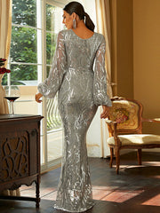 Silver Long Sleeve Sequin Trumpet Mermaid Prom Dress