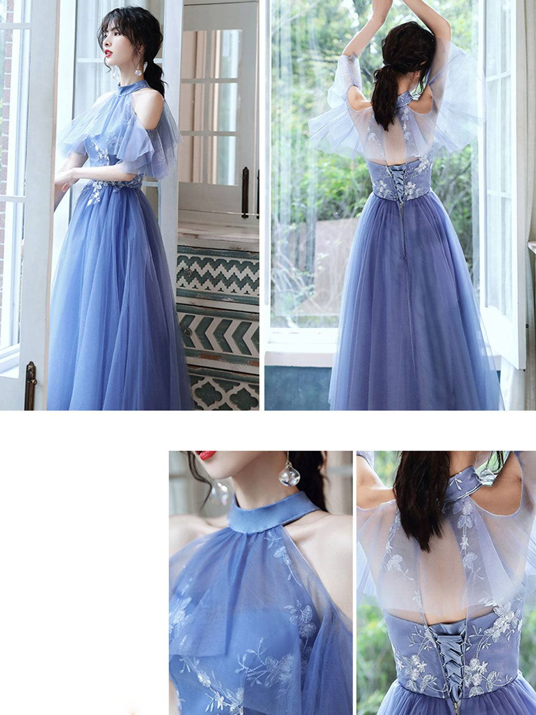 Blue tulle lace short prom dress blue tulle cocktail dress - RongMoon