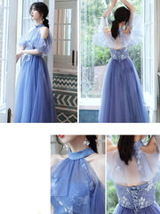 Blue tulle lace short prom dress blue tulle cocktail dress - RongMoon