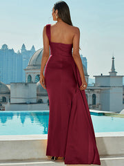 Burgundy One Shoulder Prom Formal Dress With Slit
