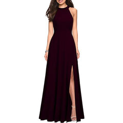 Halter Black Satin A Line Bridesmaid Dress With Slit