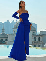 Blue Strapless Sheath Column Spandex Prom Dress