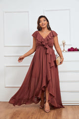Blue Butterfly Sleeve Wrap Hem Chiffon Bridesmaid Dress