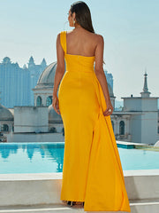Yellow One Shoulder Satin Prom Dress With Slit