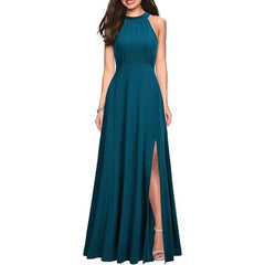 Halter Black Satin A Line Bridesmaid Dress With Slit
